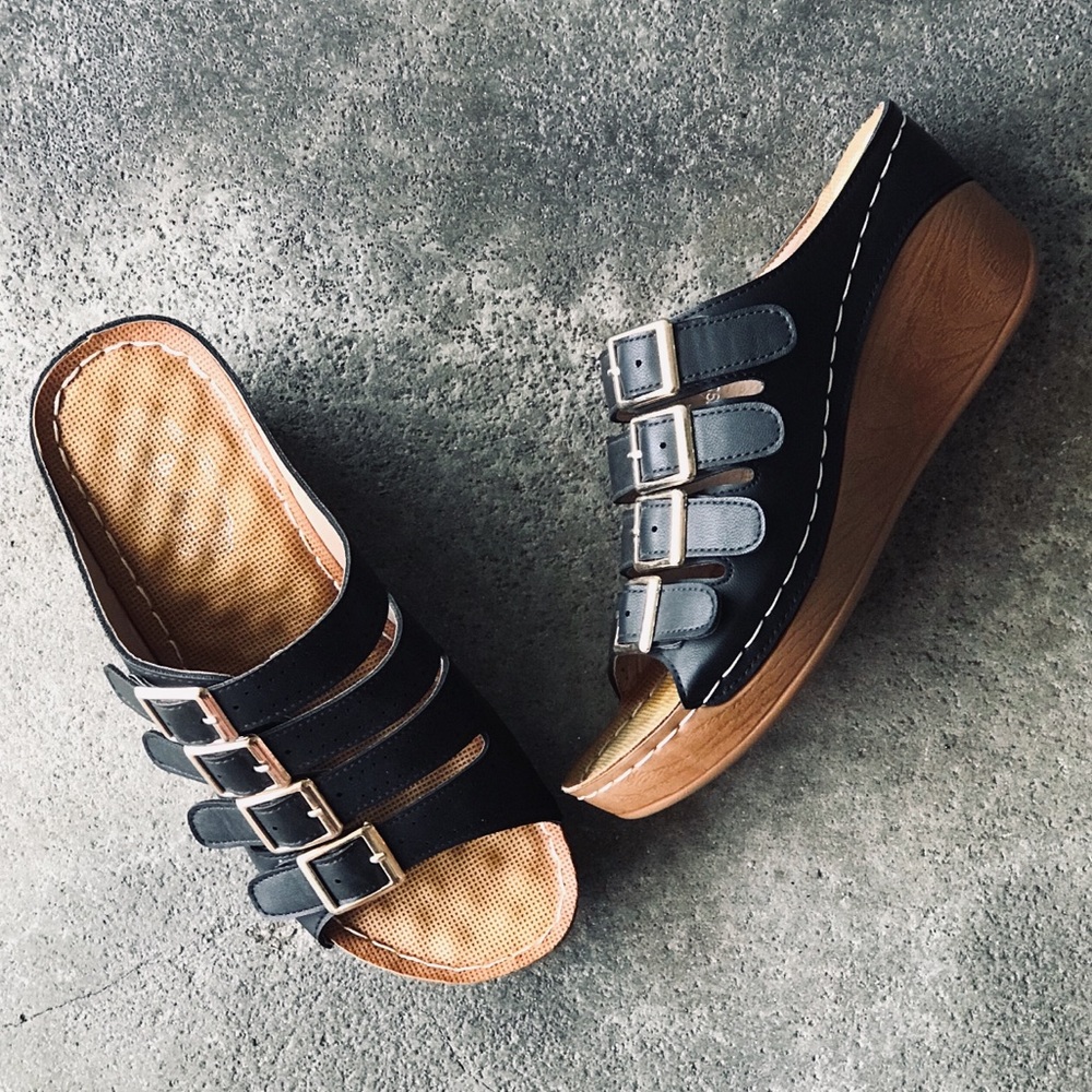 Italina Black Adjustable Buckle Comfort Wedge